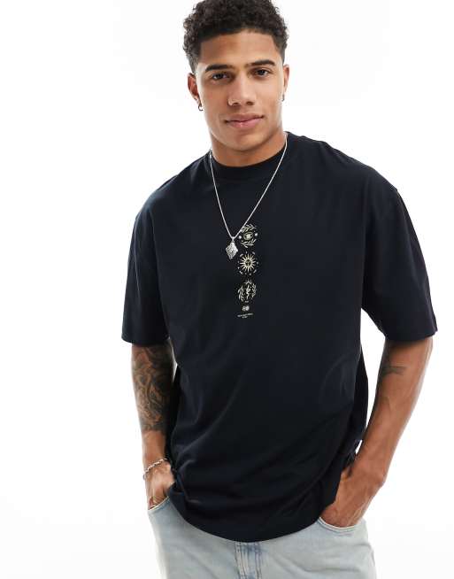 ASOS DESIGN - Oversized T-shirt in zwart met hemellichamenprint op de borst