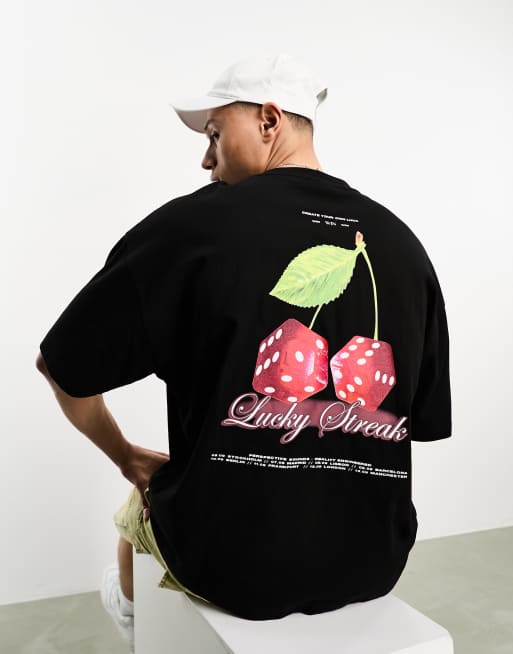 ASOS DESIGN - Oversized T-shirt in zwart met kersen-dobbelsteenprint op de achterkant