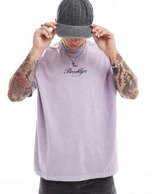 ASOS DESIGN - Oversized T-shirt med 'Brooklyn'-print på brystet i kraftigt stof på 220 gsm i vasket lilla 