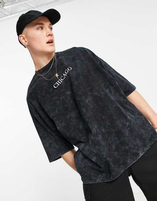 ASOS DESIGN - Oversized t-shirt med 'Chicago'-byprint i vasket sort - Del af sæt