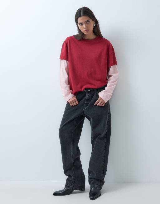 ASOS DESIGN oversized T-shirt med dobbelt lag i rød og pink, 3 af 5