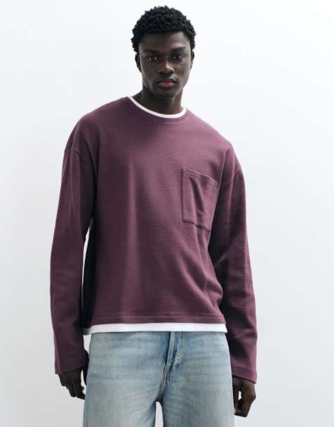 ASOS DESIGN oversized t-shirt med dubbla lager och långa ärmar i lila våffelstruktur - view 1