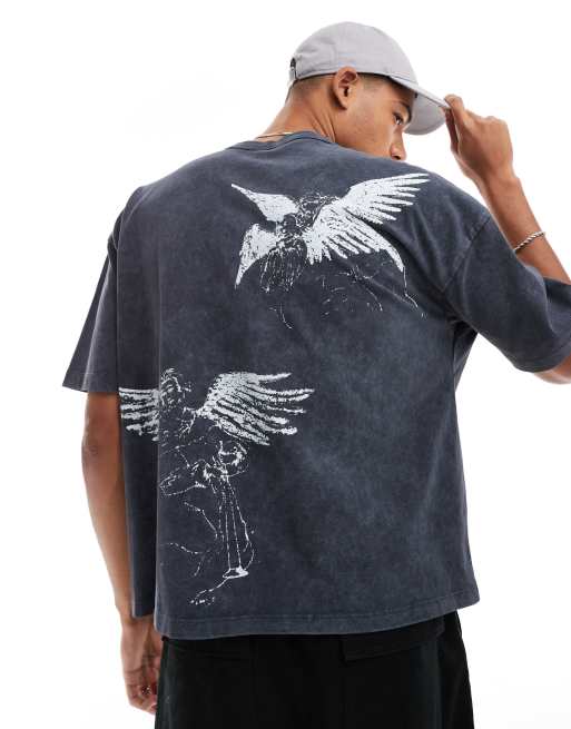 ASOS DESIGN - Oversized T-shirt med engleprint foran i kraftigt stof på 220 gsm i vasket sort i firkantet pasform