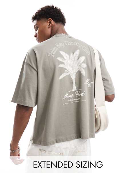 ASOS DESIGN - Oversized t-shirt med firkantet pasform og palmeprint på ryggen i brun - view 1