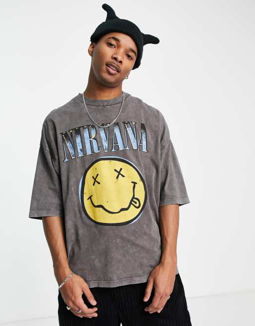 ASOS DESIGN - Oversized T-shirt med grafisk Nirvana-print med smiley i vasket sort