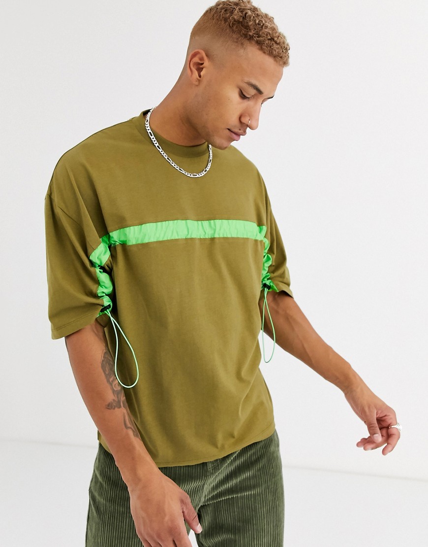 ASOS DESIGN - oversized t-shirt med halvlange ærmer og neonfarvet løbegang med snøre-Grøn