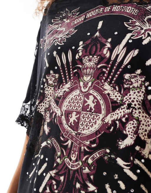 ASOS DESIGN - Oversized T-shirt med hotfix-udsmykning, indie-grafik og blondedetaljer i sort, 4 af 4