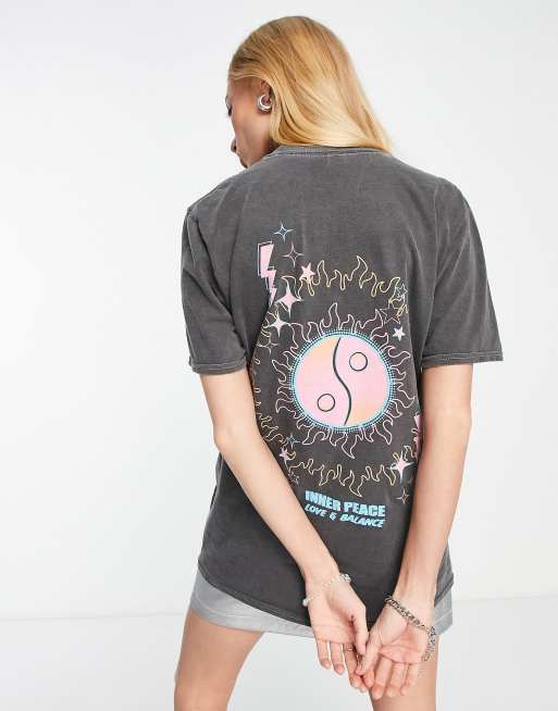 ASOS DESIGN - Oversized t-shirt med Inner Peace-print og yin yang i vasket koksgrå 