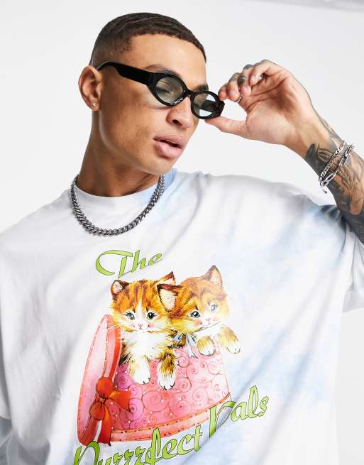 ASOS DESIGN - Oversized T-shirt med katteprint i blå vask