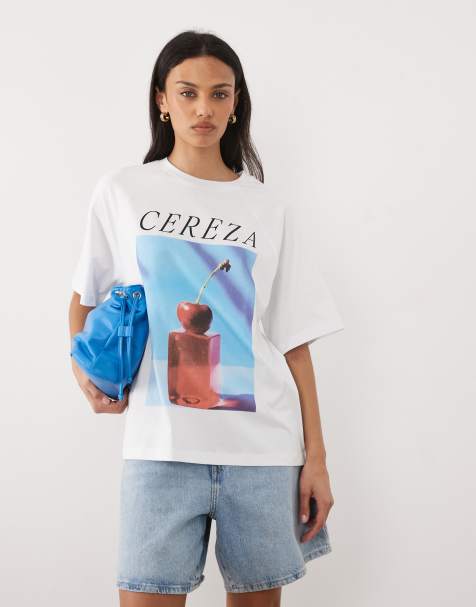 ASOS DESIGN - Oversized T-shirt med kirsebærgrafik i hvid - view 1
