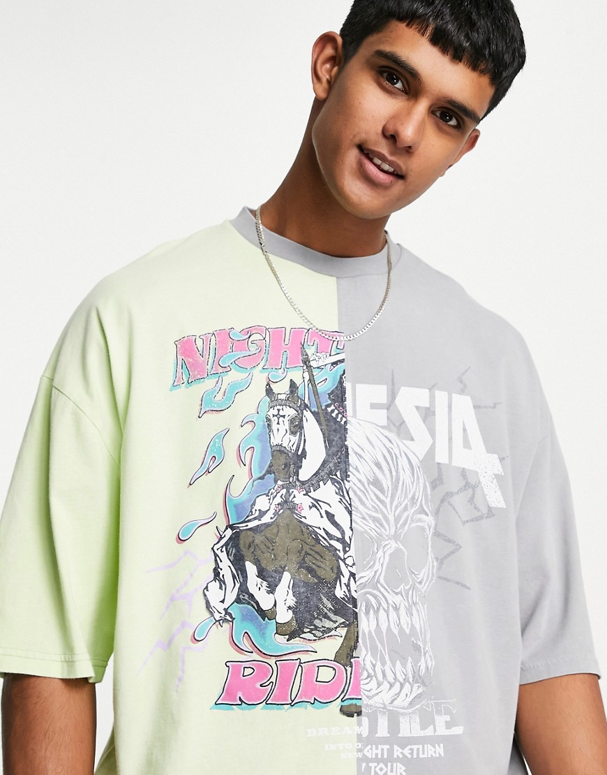 ASOS DESIGN - Oversized T-shirt med kranie- og tekstprint og grå og grønne farveblokke-Multifarvet