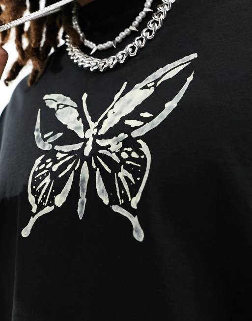 ASOS DESIGN - Oversized T-shirt med lange mesh-ærmer i dobbeltlag og sommerfugleprint i sort, 3 af 4