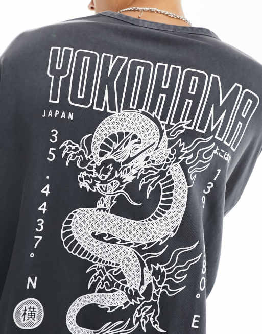 ASOS DESIGN - Oversized T-shirt med lange ærmer og print på ryggen i kraftigt stof på 220 gsm i vasket sort