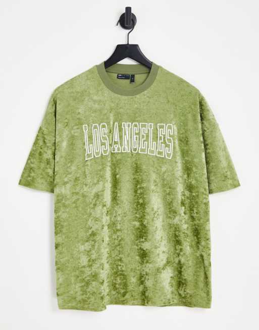 ASOS DESIGN - Oversized T-shirt med 'Los Angeles'-byprint i kakigrønt velour