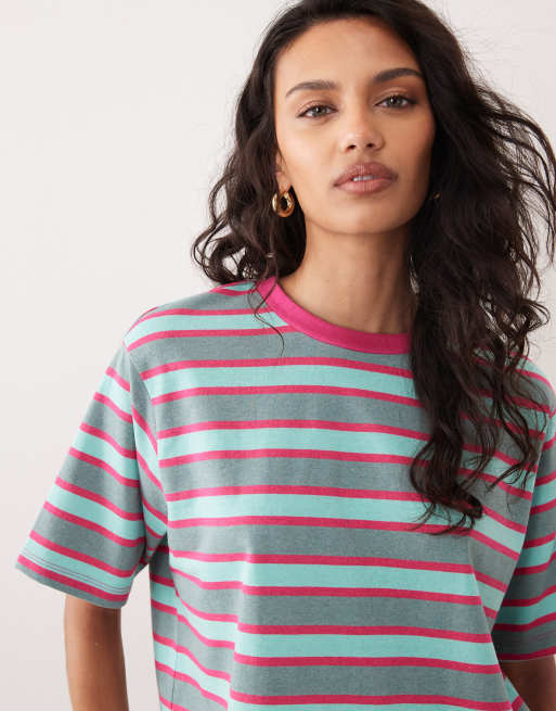 ASOS DESIGN - Oversized T-shirt med lyserøde og grå striber, 3 af 4