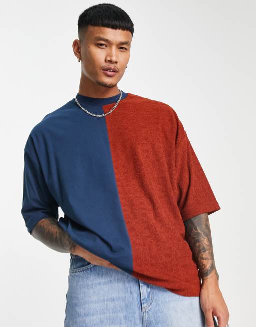 ASOS DESIGN - Oversized T-shirt med marineblå/orange farveblokke i frotté, 2 af 4