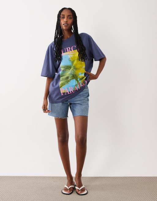 ASOS DESIGN oversized T-shirt med Murcia-palmetræsprint i blå, 2 af 4