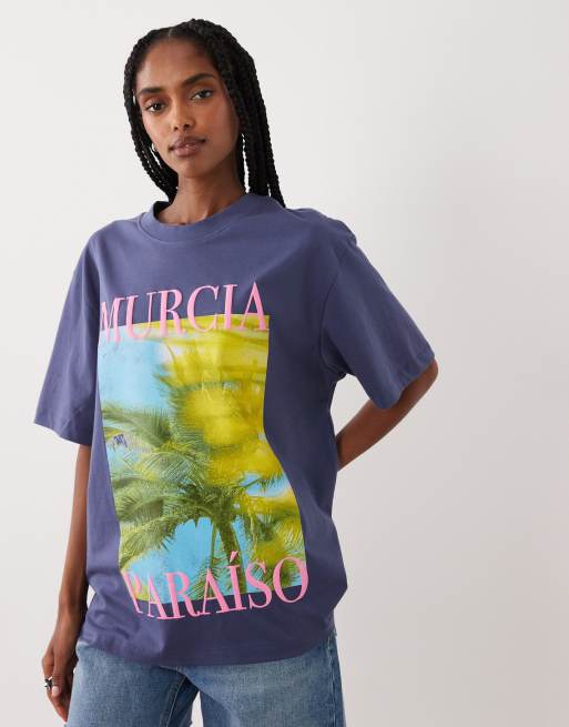 ASOS DESIGN oversized T-shirt med Murcia-palmetræsprint i blå, 4 af 4