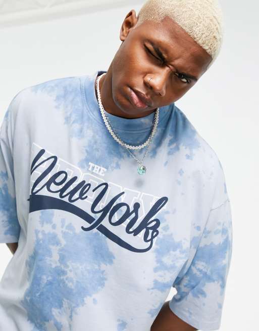 ASOS DESIGN - Oversized t-shirt med 'New York'-print i blå syrevask