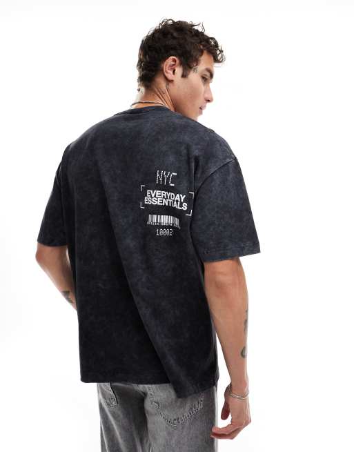 ASOS DESIGN - Oversized t-shirt med 'NYC'-print på ryggen i kraftigt stof på 220 gsm i forvasket sort