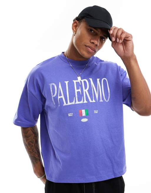 ASOS DESIGN - Oversized T-shirt med 'Palermo'-print foran i blå i firkantet pasform