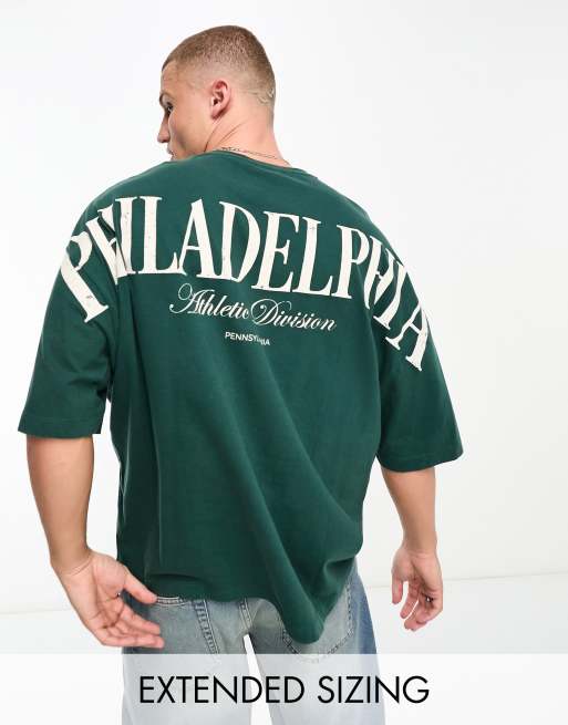ASOS DESIGN - Oversized t-shirt med 'Philadelphia'-print på ryggen i grøn vask
