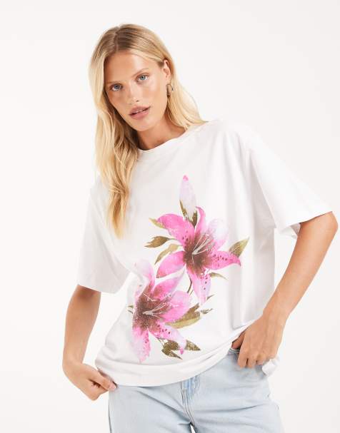 ASOS DESIGN oversized T-shirt med pink blomsterprint i hvid - view 1