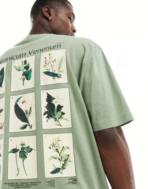 ASOS DESIGN - Oversized T-shirt med planteprint på ryggen i kakigrøn, 4 af 4