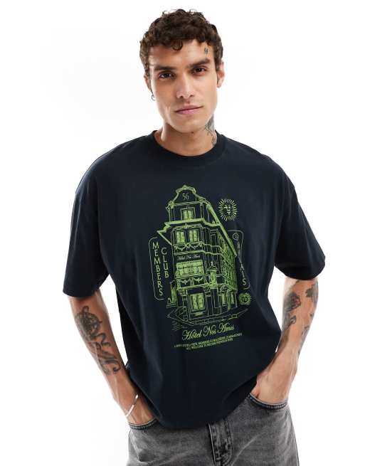 ASOS DESIGN - Oversized T-shirt med print på brystet i sort i firkantet pasform