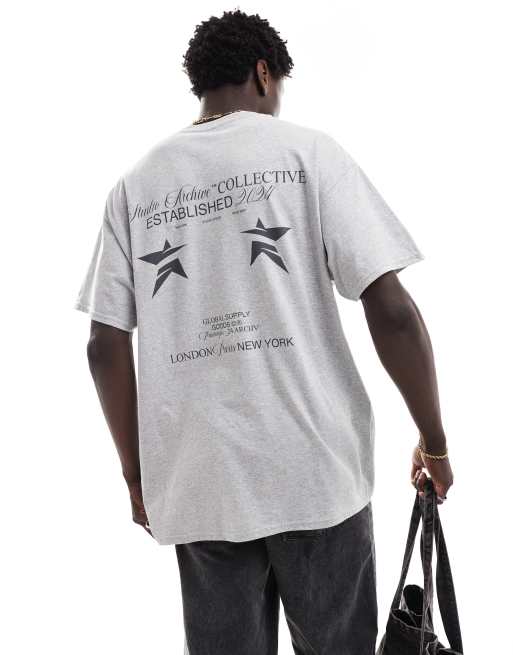 ASOS DESIGN - Oversized T-shirt med print på brystet og ryggen i gråmeleret
