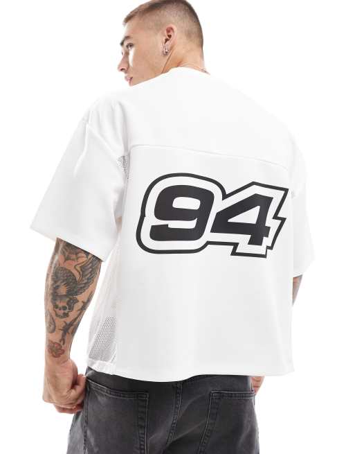 ASOS DESIGN - Oversized T-shirt med print på brystet og ryggen i hvid sports-mesh i firkantet pasform