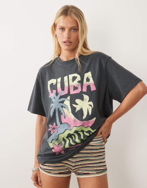 ASOS DESIGN oversized T-shirt med skitseagtigt Cuba-print i kulgrå, 4 af 4