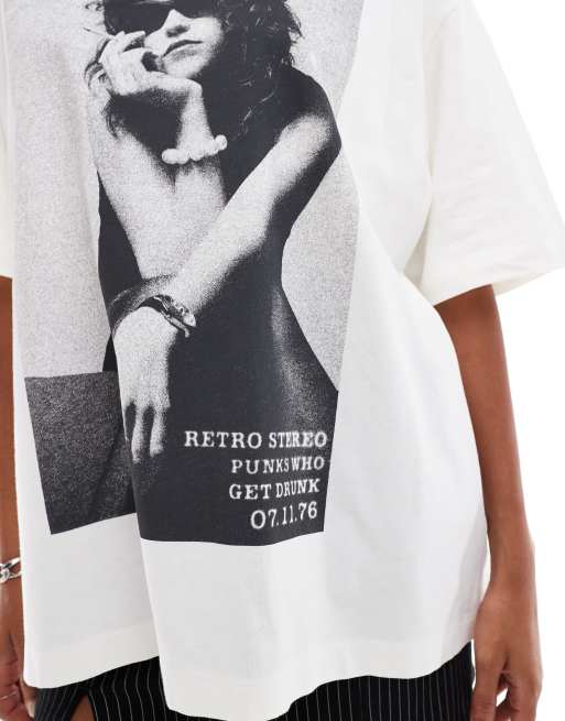 ASOS DESIGN - Oversized T-shirt med sort/hvidt rock-fotoprint i hvid, 4 af 4