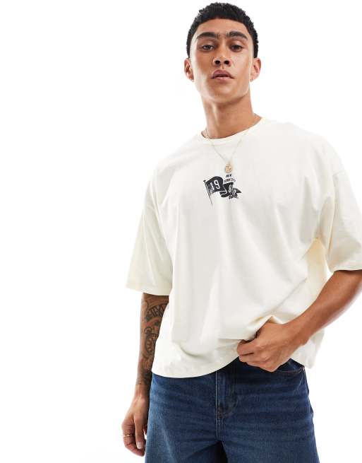 ASOS DESIGN - Oversized T-shirt med sportsprint på brystet og ryggen i råhvid i firkantet pasform