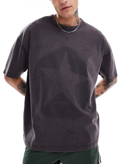 ASOS DESIGN - Oversized t-shirt med stjerneprint foran i kraftigt stof på 220 gsm i forvasket sort