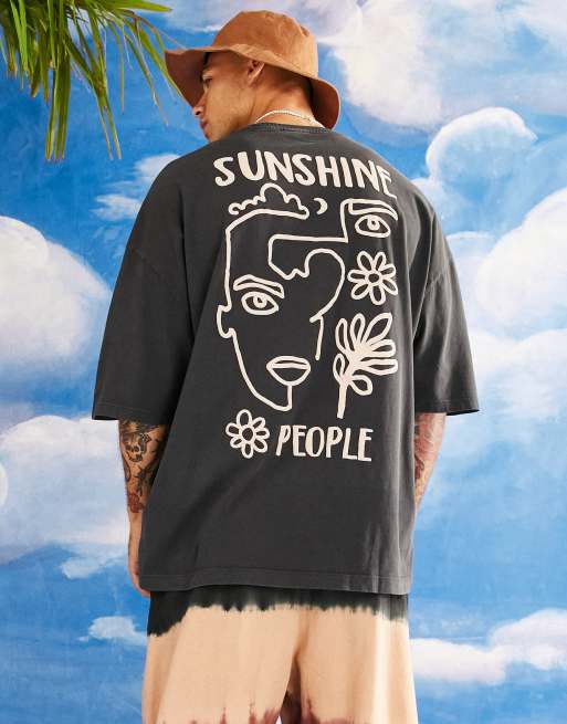 ASOS DESIGN - Oversized T-shirt med stregtegning foran og bagpå i sort vask