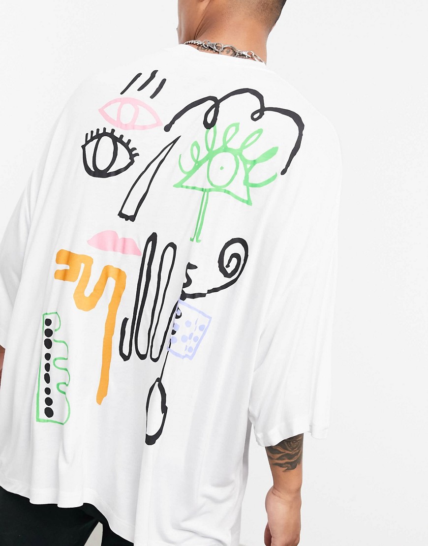 ASOS DESIGN - Oversized T-shirt met 3/4 mouw met neon doodle-print op de rug in wit
