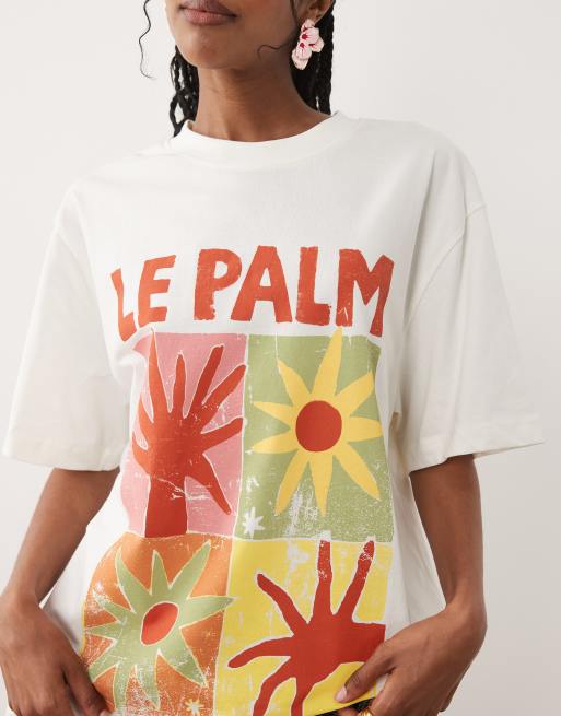 ASOS DESIGN - Oversized T-shirt met abstracte 'Le Palm'-print in crème, 3 van 4