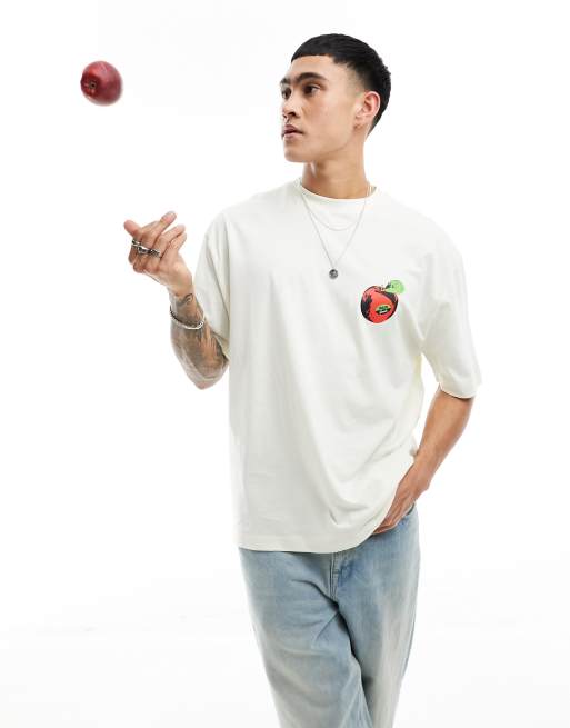 ASOS DESIGN - Oversized T-shirt met appel op de borst in gebroken wit