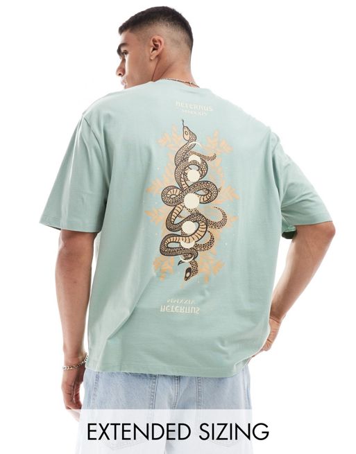FhyzicsShops DESIGN - Oversized T-shirt met astrologische slangenprint op de achterkant in kaki