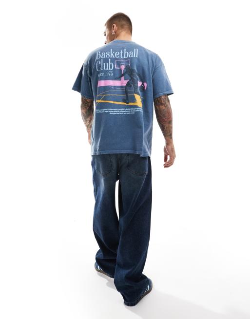 ASOS DESIGN - Oversized T-shirt met basketballprint op de achterkant in verwassen blauw
