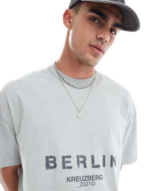 ASOS DESIGN - Oversized T-shirt met 'Berlin' tekstprint in grijs met wassing