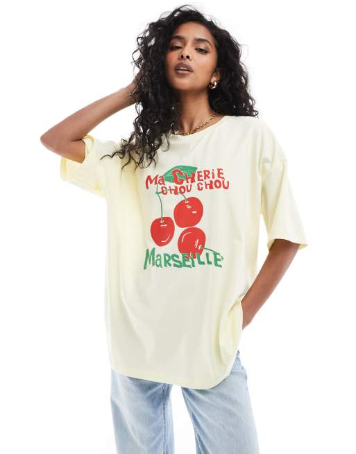 ASOS DESIGN - Oversized T-shirt met bessenprint in citroengeel
