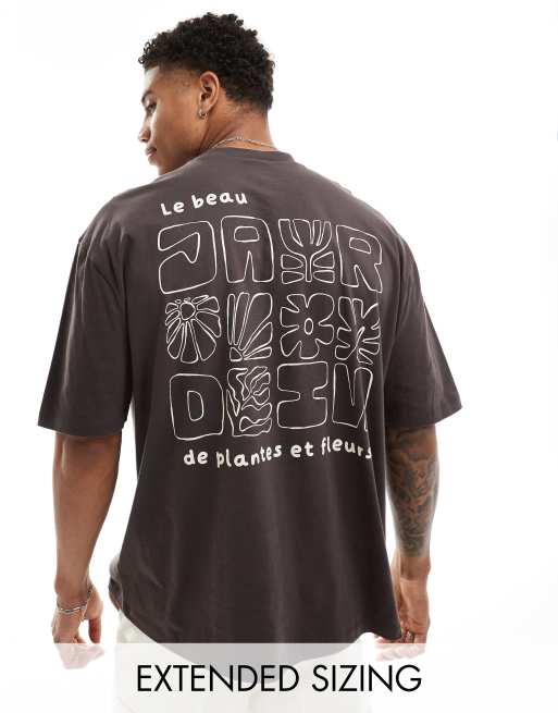 ASOS DESIGN - Oversized T-shirt met bloemen- en tekstprint op de achterkant in bruin