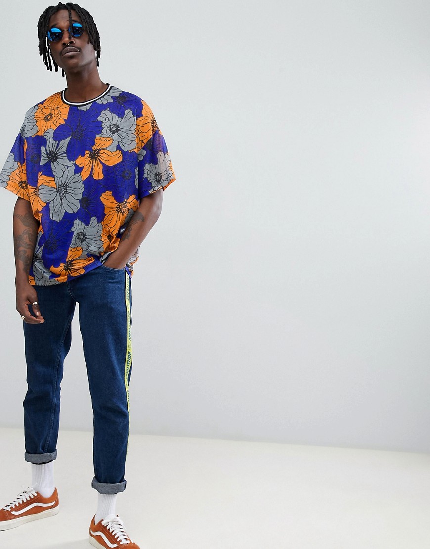ASOS DESIGN - Oversized T-shirt met bloemen, mesh en ribbel met gekleurd randje-Multi
