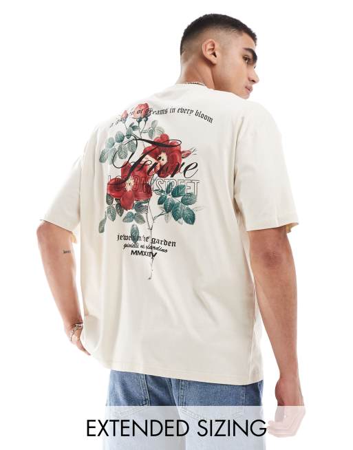 ASOS DESIGN - Oversized T-shirt met bloemenprint op de rug in beige