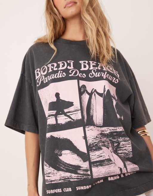 ASOS DESIGN - Oversized T-shirt met Bondi Beach surfprint in antracietgrijs met wassing, 4 van 4