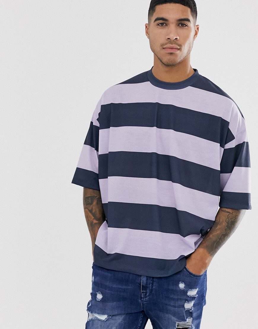 ASOS DESIGN - Oversized T-shirt met brede strepen in marineblauw met lila-Multi