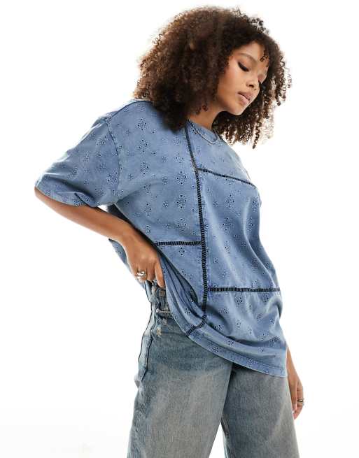 ASOS DESIGN - Oversized T-shirt met broderie patchwork in blauw met wassing