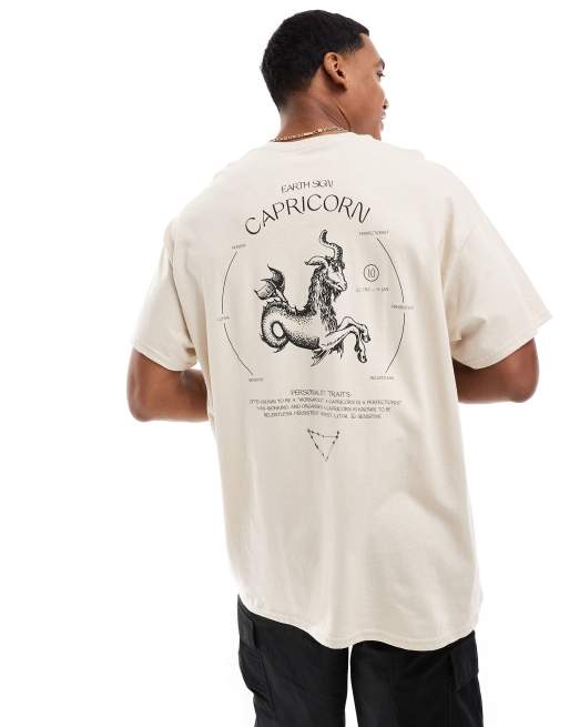 ASOS DESIGN - Oversized T-shirt met Capricorn-print op de achterkant in beige